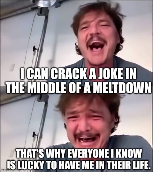 What else can I do but laugh at my misery? | I CAN CRACK A JOKE IN THE MIDDLE OF A MELTDOWN; THAT'S WHY EVERYONE I KNOW IS LUCKY TO HAVE ME IN THEIR LIFE. | image tagged in pedro pascal | made w/ Imgflip meme maker