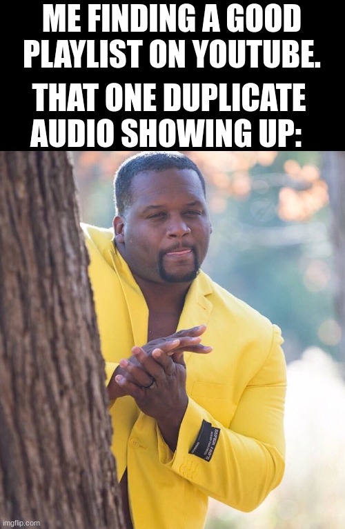 I just heard this audio? | ME FINDING A GOOD PLAYLIST ON YOUTUBE. THAT ONE DUPLICATE AUDIO SHOWING UP: | image tagged in black guy hiding behind tree | made w/ Imgflip meme maker