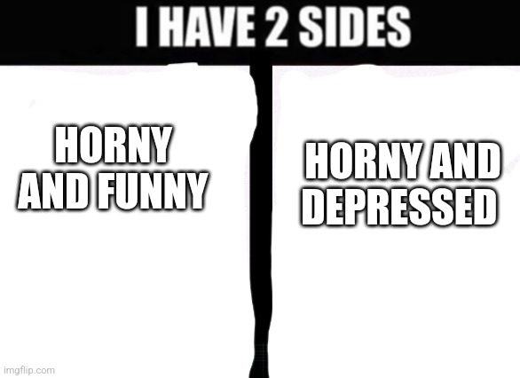i have 2 sides | HORNY AND FUNNY; HORNY AND DEPRESSED | image tagged in i have 2 sides | made w/ Imgflip meme maker