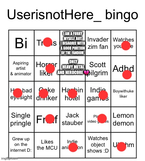 Userisnothere bingo | I AM A FURRY MYSELF, BUT I DISAGREE WITH A GOOD PORTION OF THE FANDOM; ONLY HEAVY METAL AND NERDCORE 💔 | image tagged in userisnothere bingo | made w/ Imgflip meme maker