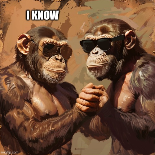 Two very muscular Monkeys shake hands | I KNOW | image tagged in two very muscular monkeys shake hands | made w/ Imgflip meme maker