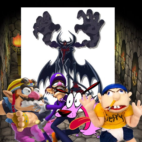 Wario and Friends dies By Waluigi and Jeffy accidentally summoning Dondevimon while exploring in a haunted house's basement | image tagged in animal crossing basement,wario dies,waluigi,digimon,jeffy,courage the cowardly dog | made w/ Imgflip meme maker