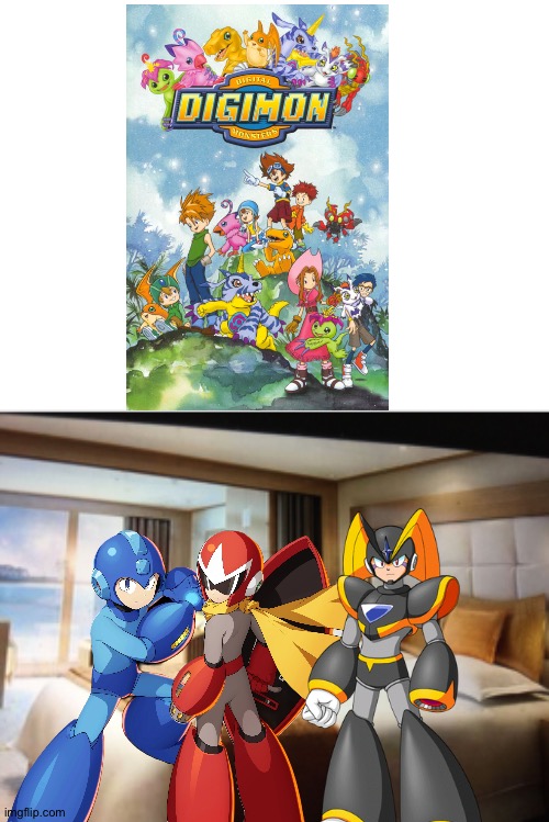 Megaman,Protoman and Bass watching Digimon in their cruise ship bedroom | image tagged in cruise ship bedroom,megaman,digimon,anime,crossover | made w/ Imgflip meme maker