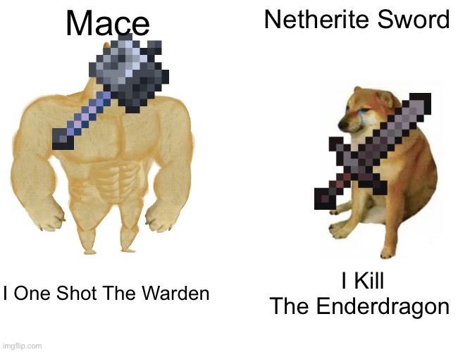makes sense | Mace; Netherite Sword; I One Shot The Warden; I Kill The Enderdragon | image tagged in memes,buff doge vs cheems | made w/ Imgflip meme maker
