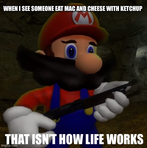 Real | WHEN I SEE SOMEONE EAT MAC AND CHEESE WITH KETCHUP; THAT ISN’T HOW LIFE WORKS | image tagged in mario with shotgun,meme | made w/ Imgflip meme maker