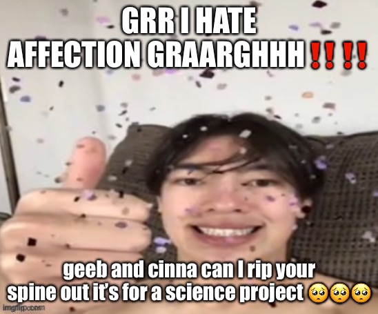 Yippee | GRR I HATE AFFECTION GRAARGHHH‼️‼️; geeb and cinna can I rip your spine out it’s for a science project 🥺🥺🥺 | image tagged in yippee | made w/ Imgflip meme maker