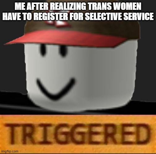 Omg... Why is the selective service so transphobic | ME AFTER REALIZING TRANS WOMEN HAVE TO REGISTER FOR SELECTIVE SERVICE | image tagged in roblox triggered,transgender,trans,terf,sad,mewing | made w/ Imgflip meme maker