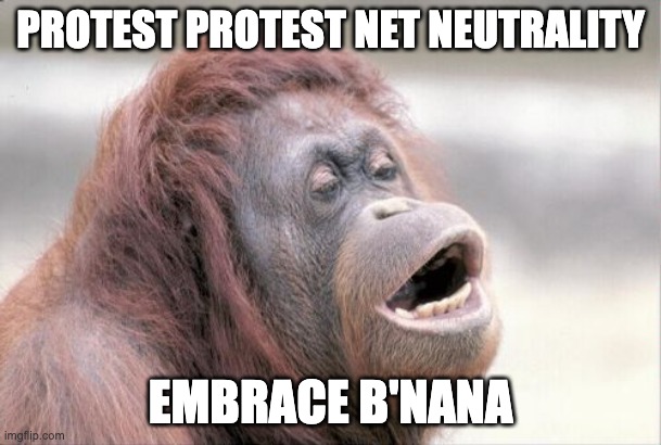 Monkey OOH Meme | PROTEST PROTEST NET NEUTRALITY; EMBRACE B'NANA | image tagged in memes,monkey ooh | made w/ Imgflip meme maker