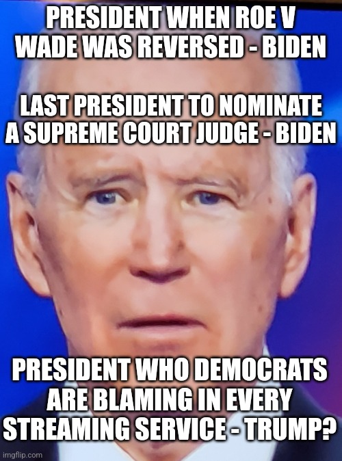 Democrats are so dumb and desperate, they'd blame their kindergarten teachers for causing  them to fail a college mid-term! | PRESIDENT WHEN ROE V WADE WAS REVERSED - BIDEN; LAST PRESIDENT TO NOMINATE A SUPREME COURT JUDGE - BIDEN; PRESIDENT WHO DEMOCRATS ARE BLAMING IN EVERY STREAMING SERVICE - TRUMP? | image tagged in joe biden eye,responsibility,crying democrats,abortion,lying,mainstream media | made w/ Imgflip meme maker