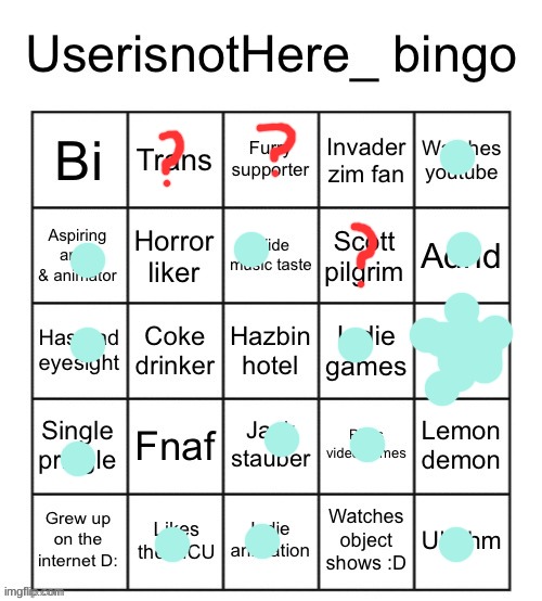 explaining the question marks in comments :P | image tagged in userisnothere bingo | made w/ Imgflip meme maker