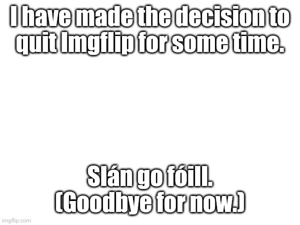 Bye. | I have made the decision to
quit Imgflip for some time. Slán go fóill.
(Goodbye for now.) | image tagged in goodbye | made w/ Imgflip meme maker