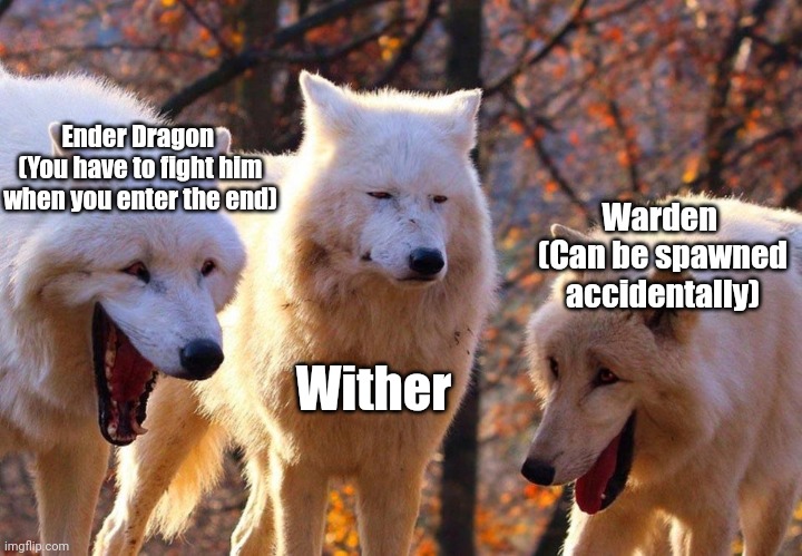 Like tell me who would spawn a wither "accidentally" | Ender Dragon 
(You have to fight him when you enter the end); Warden 
(Can be spawned accidentally); Wither | image tagged in 2/3 wolves laugh | made w/ Imgflip meme maker
