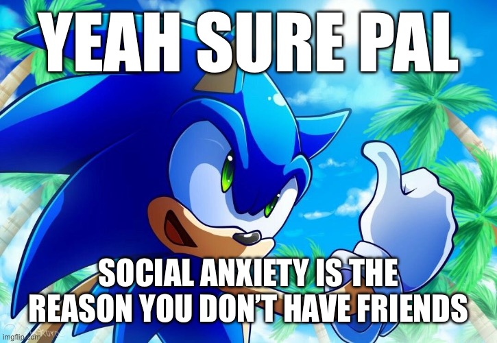 Being a mean narcissistic bully on the internet | YEAH SURE PAL; SOCIAL ANXIETY IS THE REASON YOU DON’T HAVE FRIENDS | image tagged in yeah sure pal | made w/ Imgflip meme maker