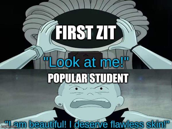 Happy 13th Birthday | FIRST ZIT; "Look at me!"; POPULAR STUDENT; "I am beautiful! I deserve flawless skin!" | image tagged in memes,funny,infinity train,acne,teenagers | made w/ Imgflip meme maker