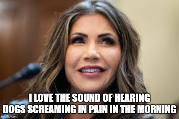 I LOVE THE SOUND OF HEARING DOGS SCREAMING IN PAIN IN THE MORNING | image tagged in gov noem | made w/ Imgflip meme maker