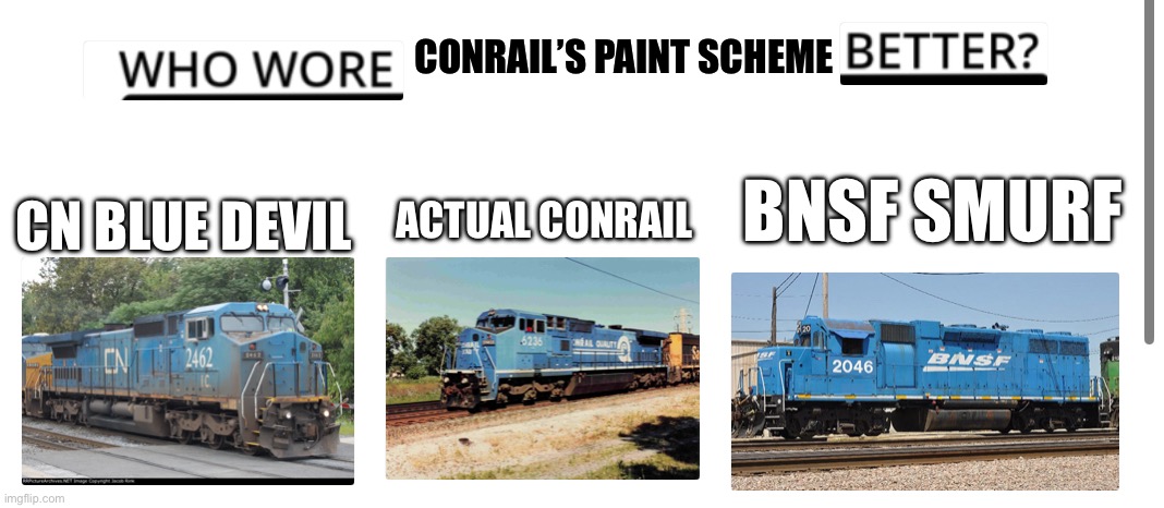 Who wore it better? | CONRAIL’S PAINT SCHEME; CN BLUE DEVIL; BNSF SMURF; ACTUAL CONRAIL | image tagged in railfan,railroad,train,cn,cr,bnsf | made w/ Imgflip meme maker