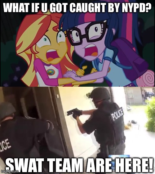 What if u caught by NYPD? | WHAT IF U GOT CAUGHT BY NYPD? SWAT TEAM ARE HERE! | image tagged in fbi open up,police,equestria girls,memes,twilight sparkle,sunset shimmer | made w/ Imgflip meme maker
