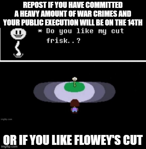 Both btw :) | REPOST IF YOU HAVE COMMITTED A HEAVY AMOUNT OF WAR CRIMES AND YOUR PUBLIC EXECUTION WILL BE ON THE 14TH; OR IF YOU LIKE FLOWEY'S CUT | made w/ Imgflip meme maker