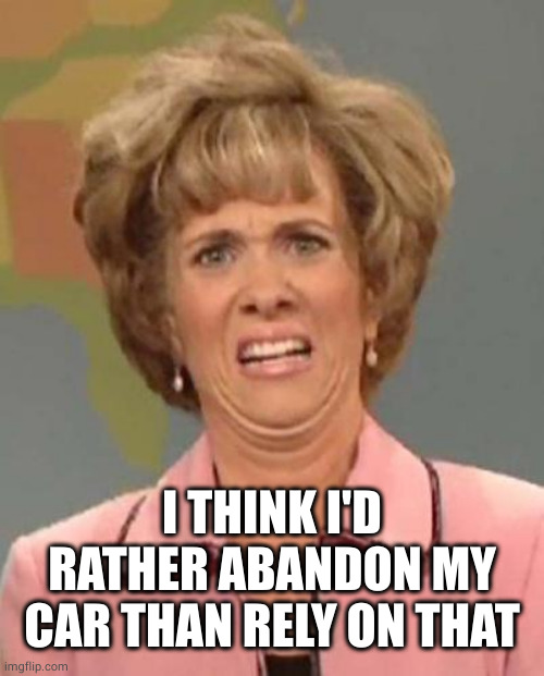 Disgusted Kristin Wiig | I THINK I'D RATHER ABANDON MY CAR THAN RELY ON THAT | image tagged in disgusted kristin wiig | made w/ Imgflip meme maker