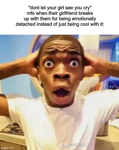 Shocked black guy | "dont let your girl see you cry" mfs when their girlfriend breaks up with them for being emotionally detached instead of just being cool with it: | image tagged in shocked black guy | made w/ Imgflip meme maker