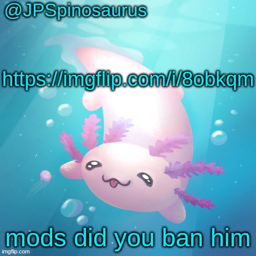 are any mods even online | https://imgflip.com/i/8obkqm; mods did you ban him | image tagged in jpspinosaurus axolotl temp v2 | made w/ Imgflip meme maker