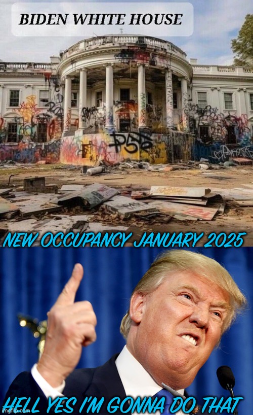 NEW OCCUPANCY JANUARY 2025; HELL YES I’M GONNA DO THAT | image tagged in biden white house,donald trump | made w/ Imgflip meme maker