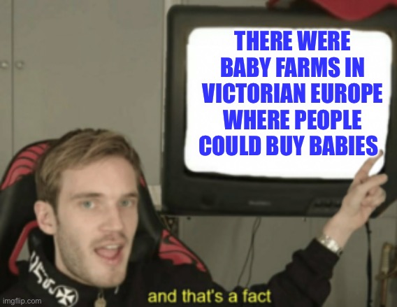 Baby Farms | THERE WERE BABY FARMS IN VICTORIAN EUROPE WHERE PEOPLE COULD BUY BABIES | image tagged in and that's a fact,fun fact | made w/ Imgflip meme maker