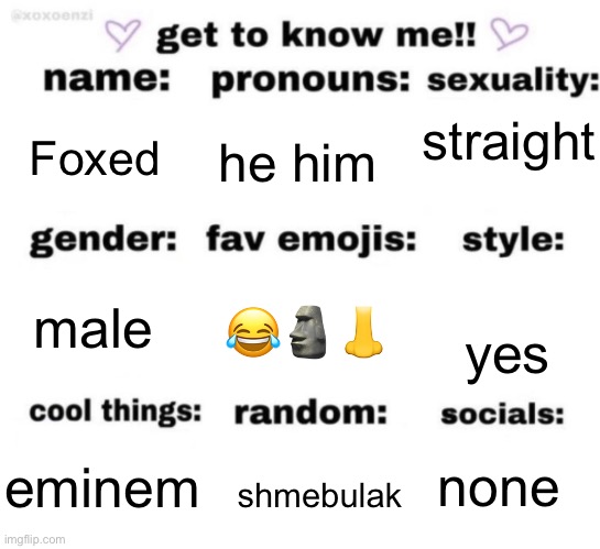 get to know me but better | straight; Foxed; he him; 😂🗿👃; male; yes; none; eminem; shmebulak | image tagged in get to know me but better | made w/ Imgflip meme maker