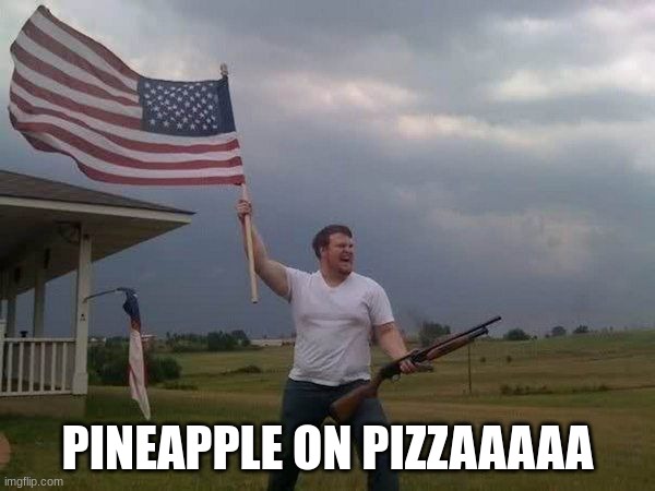MERICA | PINEAPPLE ON PIZZAAAAA | image tagged in american flag shotgun guy | made w/ Imgflip meme maker