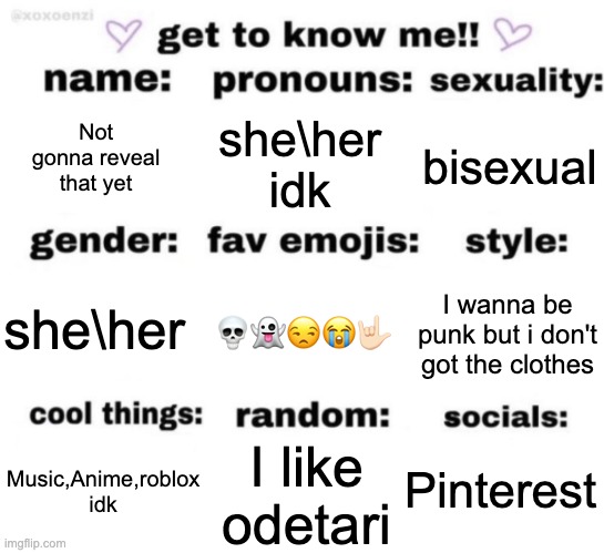 Idk | Not gonna reveal that yet; she\her idk; bisexual; 💀👻😒😭🤟🏻; I wanna be punk but i don't got the clothes; she\her; Pinterest; I like odetari; Music,Anime,roblox idk | image tagged in get to know me but better | made w/ Imgflip meme maker
