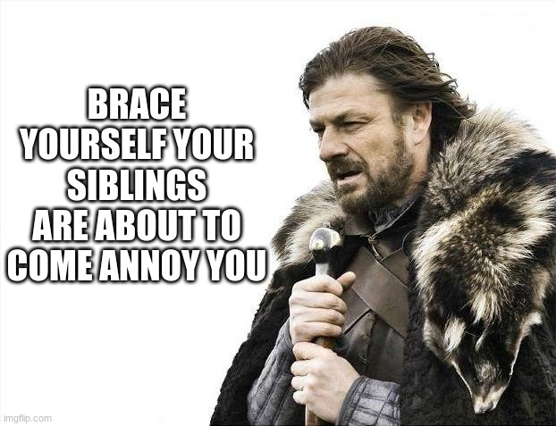 Look out | BRACE YOURSELF YOUR SIBLINGS ARE ABOUT TO COME ANNOY YOU | image tagged in memes,brace yourselves x is coming,siblings | made w/ Imgflip meme maker