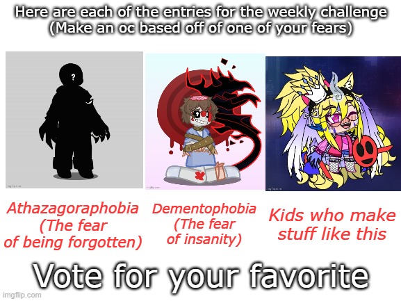 Voting time | Here are each of the entries for the weekly challenge
(Make an oc based off of one of your fears); Athazagoraphobia
(The fear of being forgotten); Kids who make stuff like this; Dementophobia
(The fear of insanity); Vote for your favorite | image tagged in gacha,weekly challenge | made w/ Imgflip meme maker