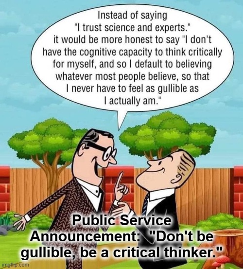 Public Service Announcement:  "Don't be gullible, be a critical thinker." | made w/ Imgflip meme maker