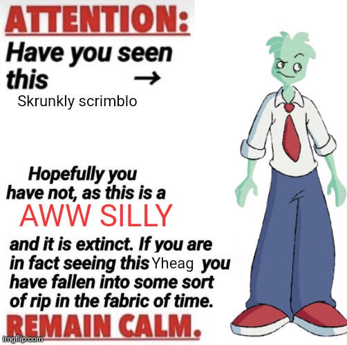 Silly | Skrunkly scrimblo; AWW SILLY; Yheag | image tagged in attention have you seen this name | made w/ Imgflip meme maker