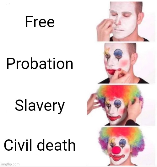 civil death | Free; Probation; Slavery; Civil death | image tagged in memes,clown applying makeup | made w/ Imgflip meme maker