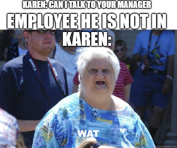 karens be like | KAREN: CAN I TALK TO YOUR MANAGER; EMPLOYEE HE IS NOT IN; KAREN:; WAT | image tagged in wat cat lady,barney will steal your kneecaps | made w/ Imgflip meme maker