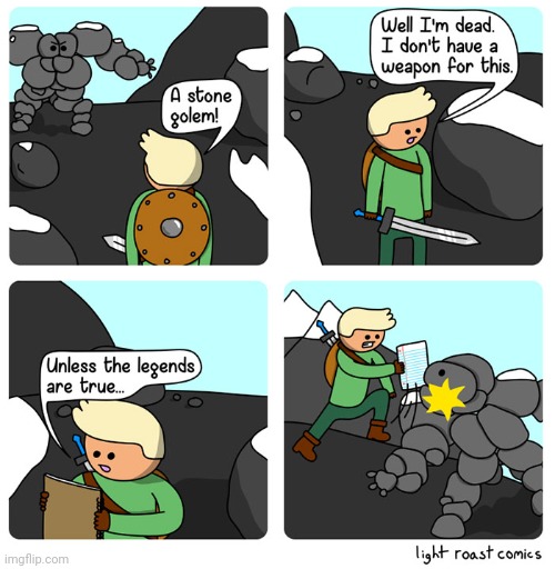 Paper beats Stone Golem | image tagged in stone,golem,stone golem,paper,comics,comics/cartoons | made w/ Imgflip meme maker
