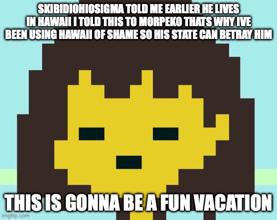 (Morpeko: did u know its he lives in honolulu? find him pls and thank u) | SKIBIDIOHIOSIGMA TOLD ME EARLIER HE LIVES IN HAWAII I TOLD THIS TO MORPEKO THATS WHY IVE BEEN USING HAWAII OF SHAME SO HIS STATE CAN BETRAY HIM; THIS IS GONNA BE A FUN VACATION | image tagged in frisk's face | made w/ Imgflip meme maker