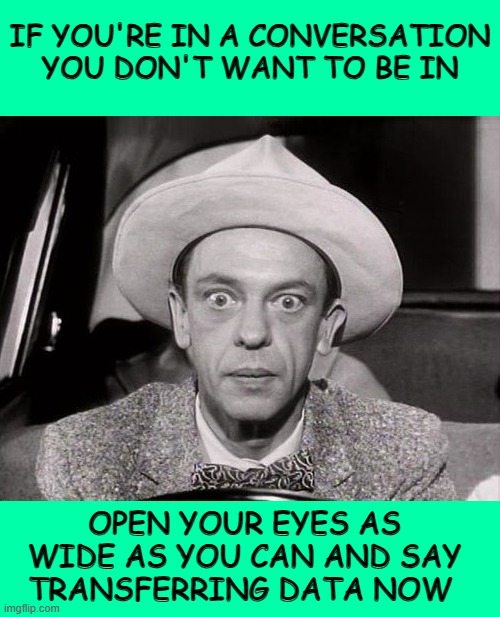 Don Knotts Wide-Eyed Stare | IF YOU'RE IN A CONVERSATION YOU DON'T WANT TO BE IN; OPEN YOUR EYES AS WIDE AS YOU CAN AND SAY
TRANSFERRING DATA NOW | image tagged in don knotts wide-eyed stare,memes,funny | made w/ Imgflip meme maker