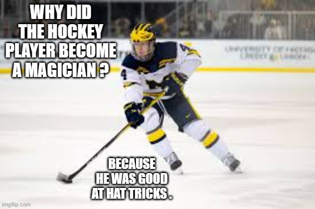 memes by Brad - hockey player became a magician | WHY DID THE HOCKEY PLAYER BECOME A MAGICIAN ? BECAUSE HE WAS GOOD AT HAT TRICKS . | image tagged in funny,sports,hockey,magician,funny memes,humor | made w/ Imgflip meme maker