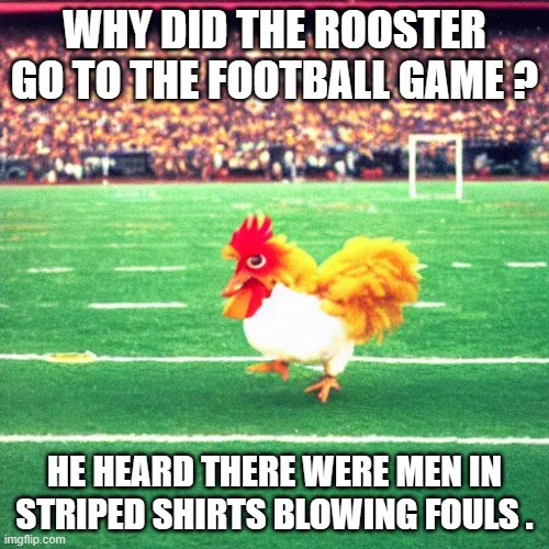 memes by Brad - A chicken went to a football game - humor | WHY DID THE ROOSTER GO TO THE FOOTBALL GAME ? HE HEARD THERE WERE MEN IN STRIPED SHIRTS BLOWING FOULS . | image tagged in funny,fun,football meme,chicken,referee,humor | made w/ Imgflip meme maker
