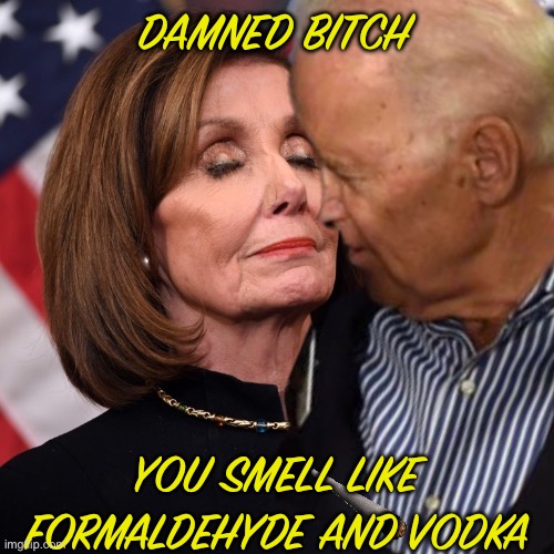 Joe Biden sniffing Pelosi | DAMNED BITCH; YOU SMELL LIKE FORMALDEHYDE AND VODKA | image tagged in joe biden sniffing pelosi | made w/ Imgflip meme maker