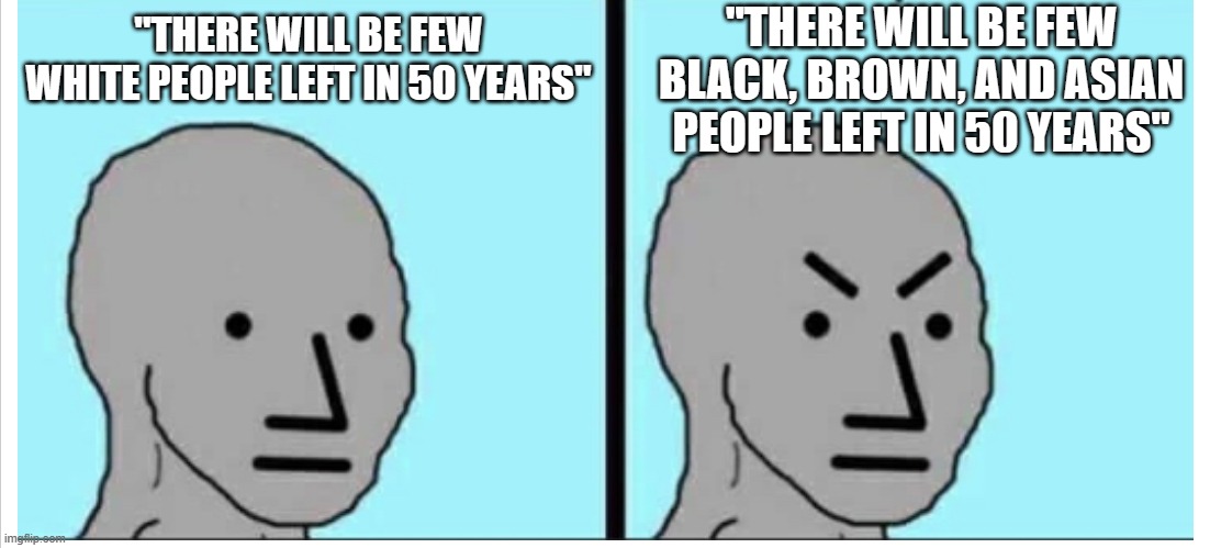 Real Racism | "THERE WILL BE FEW BLACK, BROWN, AND ASIAN PEOPLE LEFT IN 50 YEARS"; "THERE WILL BE FEW WHITE PEOPLE LEFT IN 50 YEARS" | image tagged in angry npc meme | made w/ Imgflip meme maker