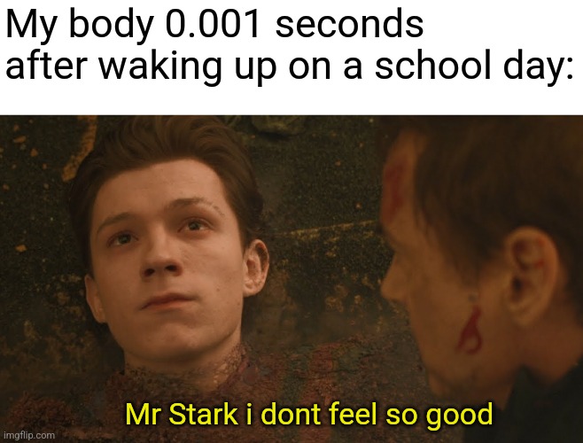 I dont feel so great | My body 0.001 seconds after waking up on a school day:; Mr Stark i dont feel so good | image tagged in mr stark i don't feel so good,waking up,on,a,school day,meme | made w/ Imgflip meme maker