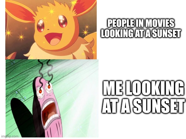 real | PEOPLE IN MOVIES LOOKING AT A SUNSET; ME LOOKING AT A SUNSET | image tagged in memes,sunset,my eyes,beautiful | made w/ Imgflip meme maker