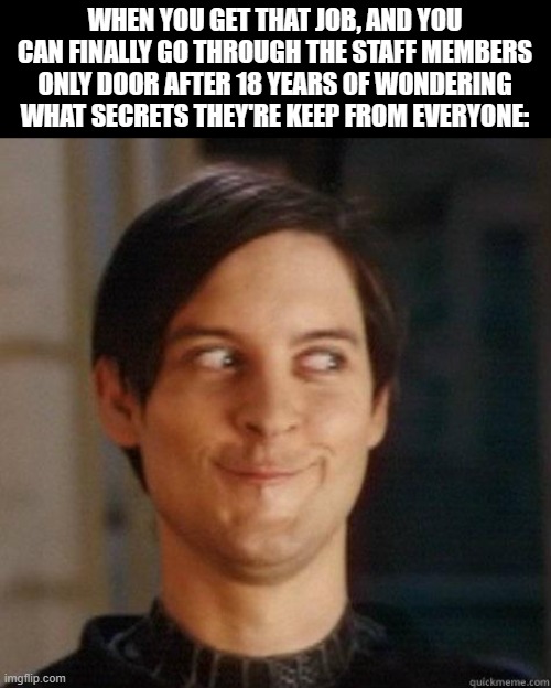 Mystery Revealed | WHEN YOU GET THAT JOB, AND YOU CAN FINALLY GO THROUGH THE STAFF MEMBERS ONLY DOOR AFTER 18 YEARS OF WONDERING WHAT SECRETS THEY'RE KEEP FROM EVERYONE: | image tagged in evil smile,memes,funny,staff,relatable,gifs | made w/ Imgflip meme maker