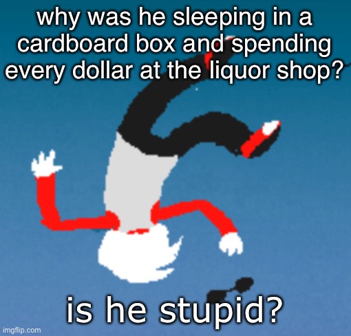 tally hall more like idk | why was he sleeping in a cardboard box and spending every dollar at the liquor shop? is he stupid? | image tagged in bluh | made w/ Imgflip meme maker