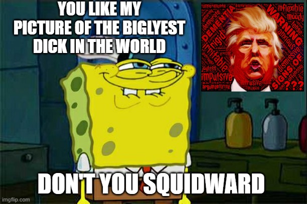 Don't You A Lot Squidward | YOU LIKE MY PICTURE OF THE BIGLYEST DICK IN THE WORLD; DON'T YOU SQUIDWARD | image tagged in don't you squidward,commie,dictator,fascist,clown car republicans,donald trump the clown | made w/ Imgflip meme maker