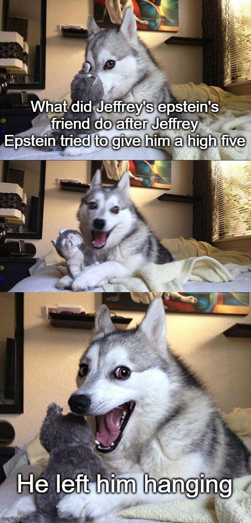 Bad Pun Dog | What did Jeffrey's epstein's friend do after Jeffrey Epstein tried to give him a high five; He left him hanging | image tagged in memes,bad pun dog | made w/ Imgflip meme maker