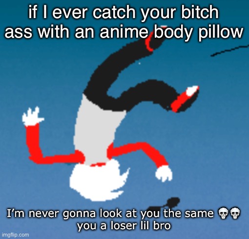 bluh | if I ever catch your bitch ass with an anime body pillow; I’m never gonna look at you the same 💀💀
you a loser lil bro | image tagged in bluh | made w/ Imgflip meme maker